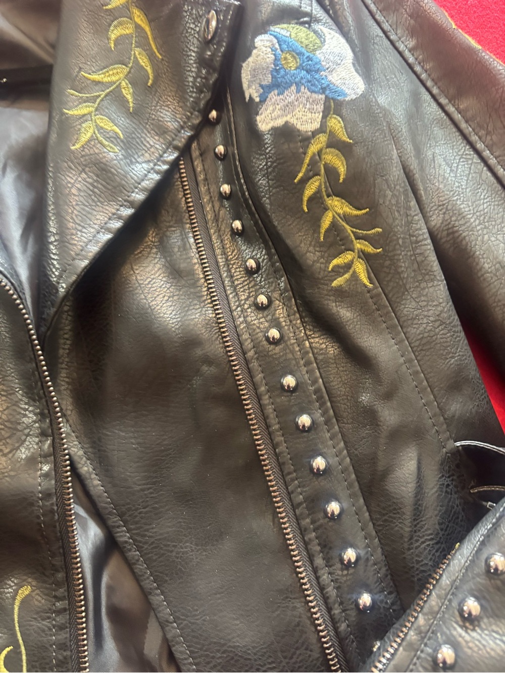 Black Embroidered Studded Leather Jacket - Women
